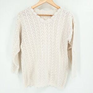 Vintage 90s Cream Open Knit Sweater Womens M Scallop Boho‎ Cottagecore 90s White
